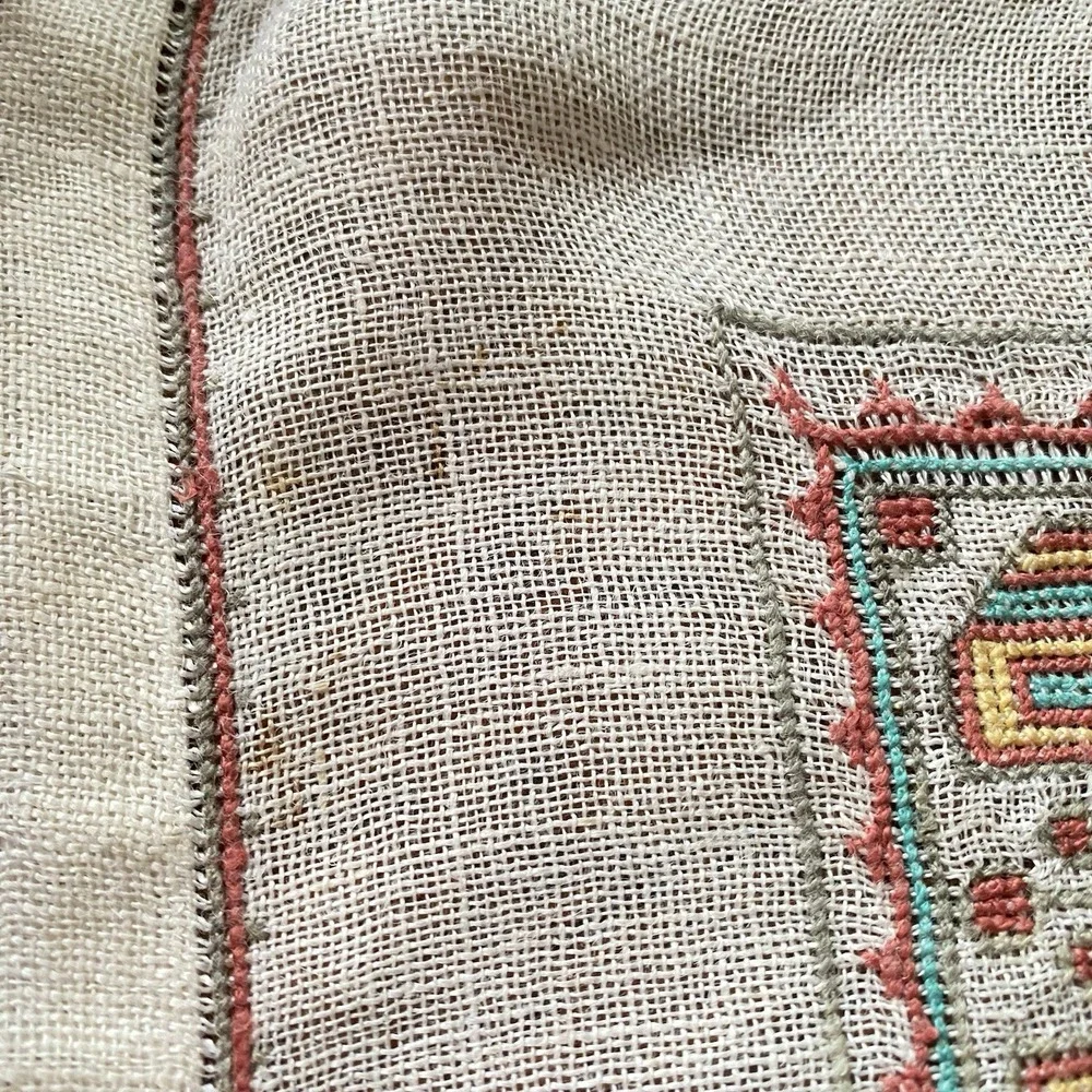 Vintage Handwoven Linen Embroidered Tablecloth Square 34x34